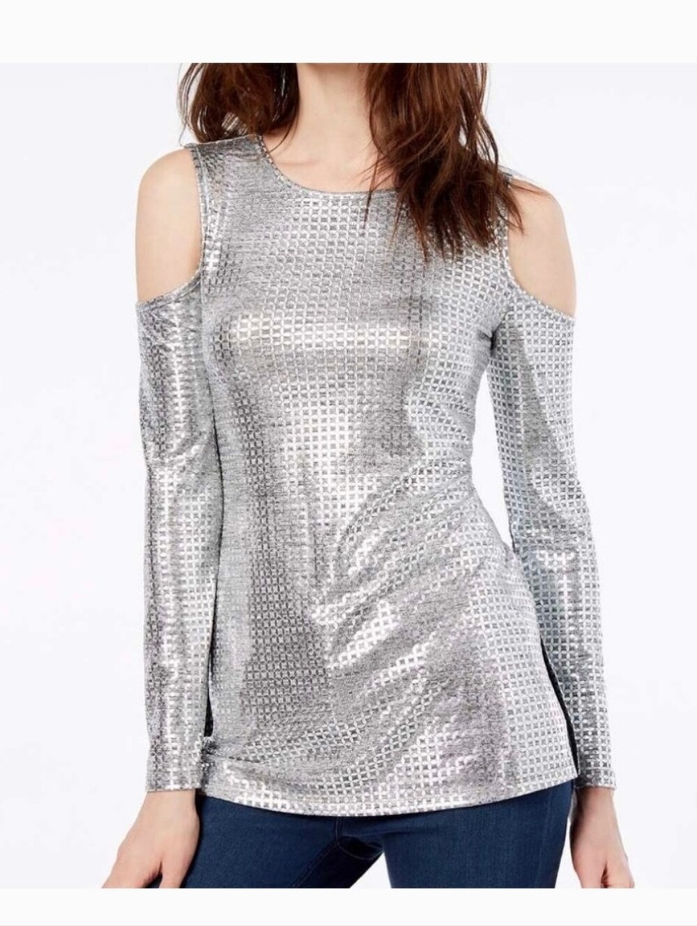 Small NWOT Michael Kors Silver Cold-Shoulder Metallic Top
